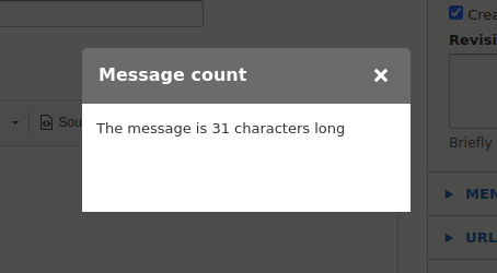 The modal dialog containing the character count