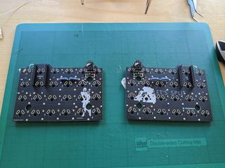 Resistors, TRRS jacks, and header pins soldered in the PCB